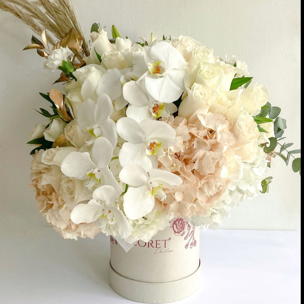Caja de lujo Grande con orquídea, rosas y hortensias  MARIA ISABEL